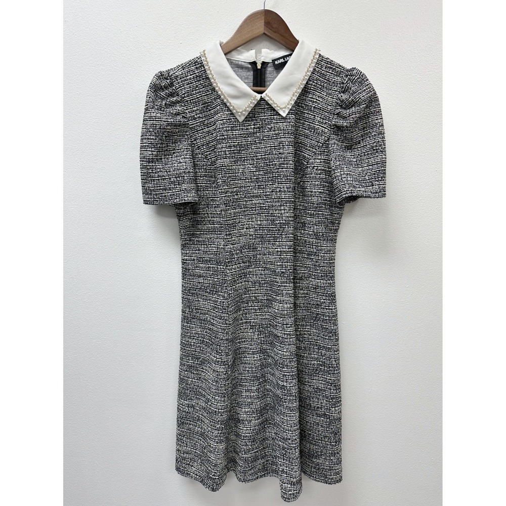 Karl Lagerfeld Collared Tweed A-Line Dress Black White 12